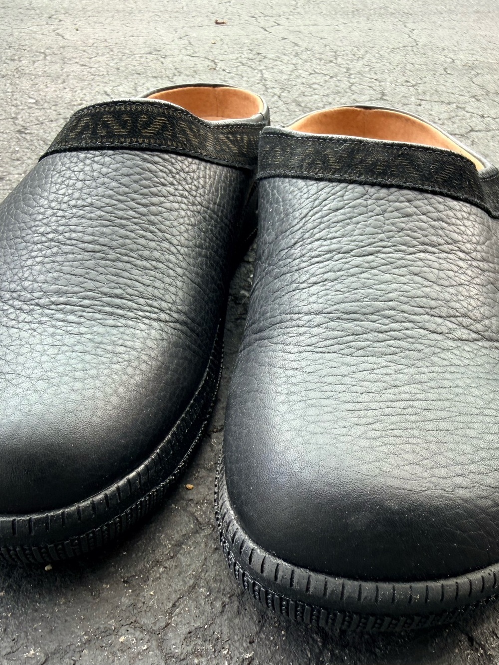 Women's Black Leather Slip-On Clog with Textured Upper